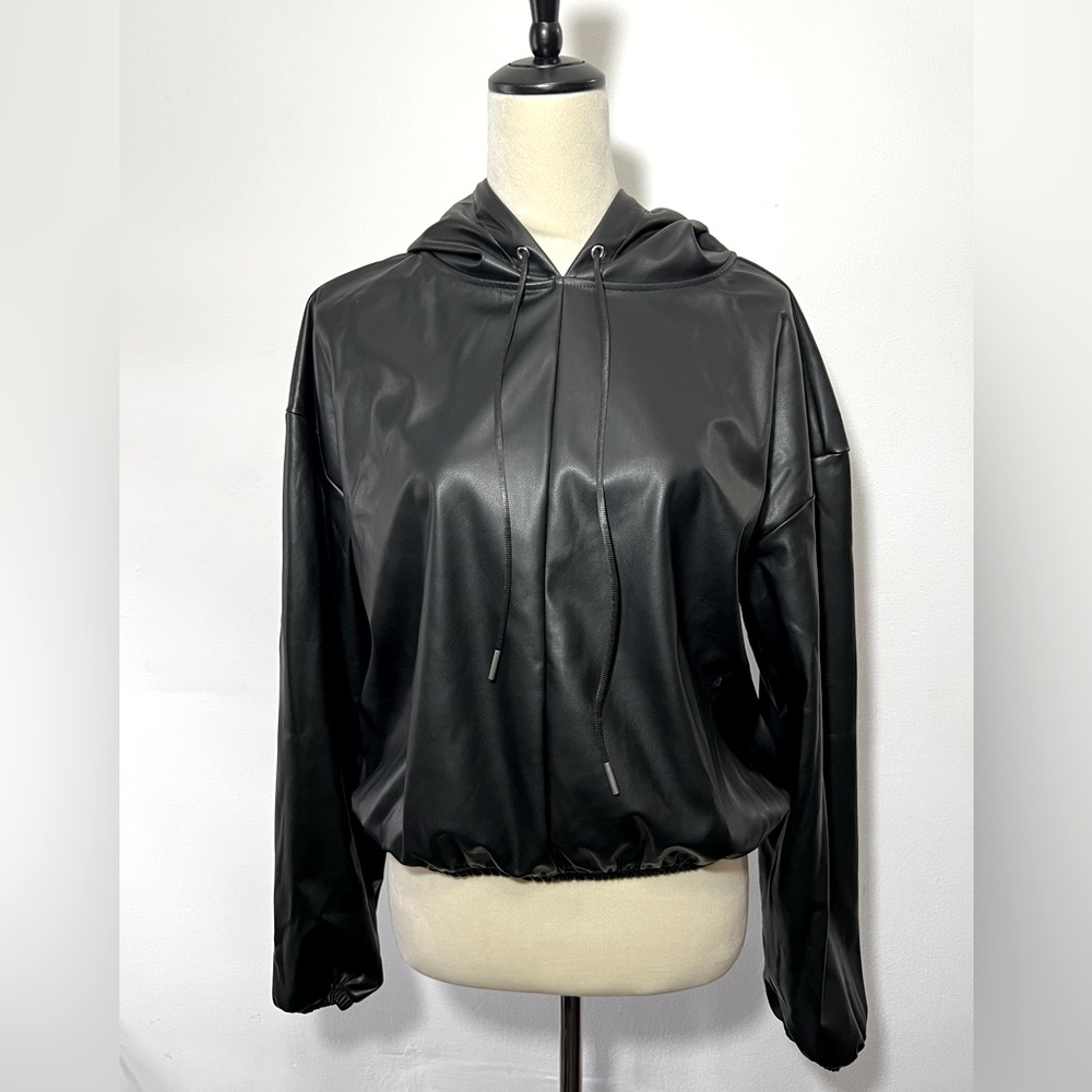 Fabletics faux leather, black cropped hoodie, M